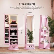 HWB LED Mirror Jewelry Cabinet Standing, 360°Swivel Jewelry Armoire With Full Length Mirror, Mirror With Jewelry Storage And Large Wooden Drawer For Christmas Gifts,Pink - Baby Pink - View 5