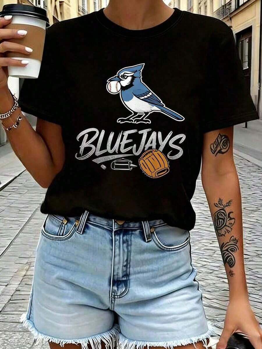 Casual T-shirt med Toronto Jays-logga i 100% bomull för dam och herr - Retro Jays-tryck, kortärmad tee, rundhalsad casual streetwear, ikoniska baseball-loggkläder för fans, farsdagspresent och allround-tröja för alla årstider, basic rundhalsad bomulls-T-shirt för dam, sommaroutfit för kvinnor. - Svart - Visa 1