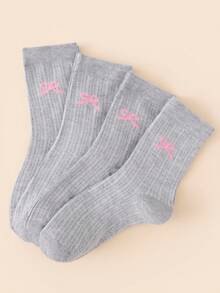4 Pairs Women's Mid-Calf Socks, Bowknot Vertical Stripes, Breathable, Casual, Lightweight, Elastic, Daily All-Season Style - Grey - View 3