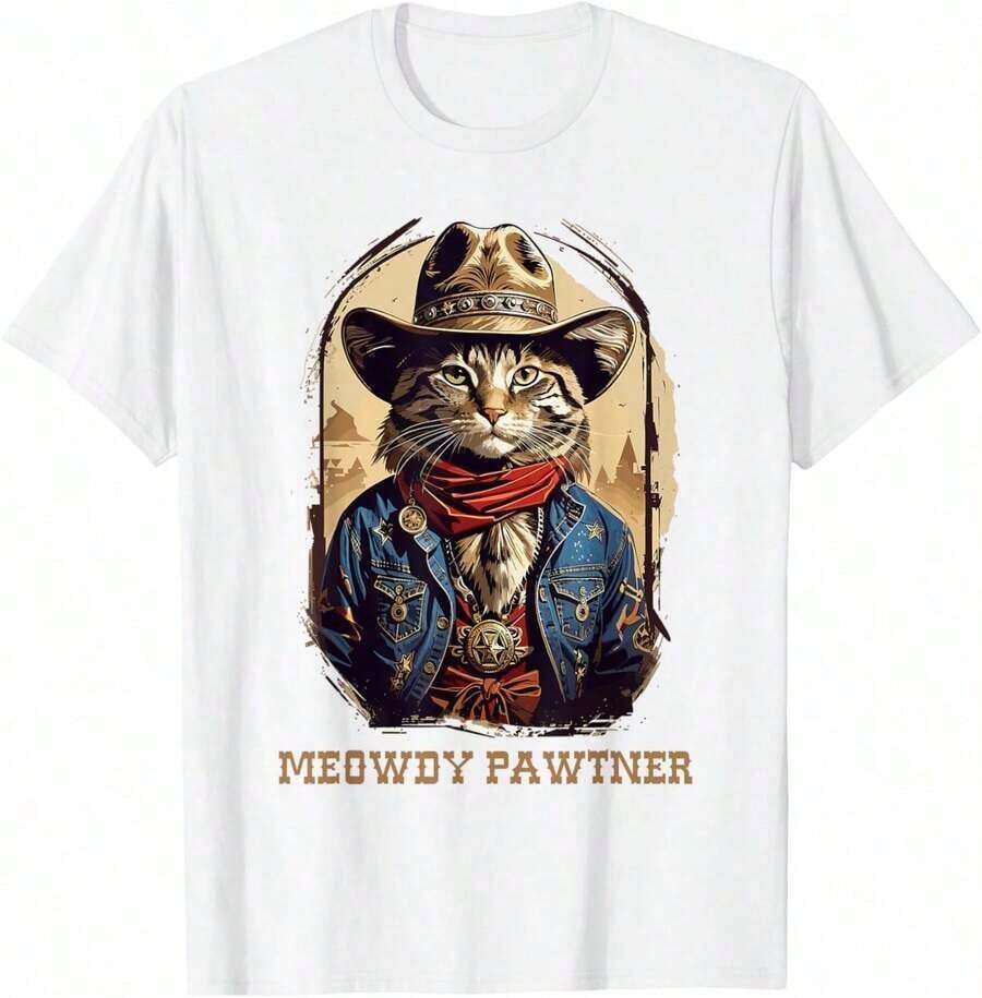 1 Pack Men's T-Shirt Meow, Buddy, Funny Cat, Cowboy, Wild West Meme Men's T-Shirt - 紅色 - 查看 1