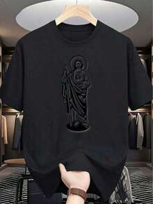 Almacén Local, Camisetas para Hombres, Camisas para Hombres, Ropa para Hombres, Camisetas de Algodón para Hombres, Camiseta de Algodón Blanca y Negra de 180g de Tadeo, Diseño de Impresión Religiosa, Impresión de Algodón de Alta Calidad, Cuello Redondo, Ajuste Relajado, Unisex, Transpirable, Versátil, Lavable en Máquina, Cómodo, Tallas S ~ 3XL, Uso Diario, Casual, Deportivo, Esencial de Verano - Negro - Ver 1