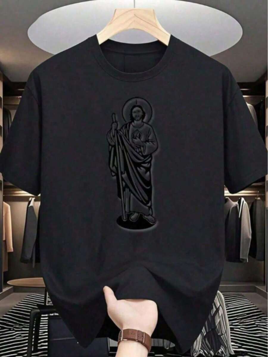 Almacén Local, Camisetas para Hombres, Camisas para Hombres, Ropa para Hombres, Camisetas de Algodón para Hombres, Camiseta de Algodón Blanca y Negra de 180g de Tadeo, Diseño de Impresión Religiosa, Impresión de Algodón de Alta Calidad, Cuello Redondo, Ajuste Relajado, Unisex, Transpirable, Versátil, Lavable en Máquina, Cómodo, Tallas S ~ 3XL, Uso Diario, Casual, Deportivo, Esencial de Verano - Negro - Ver 1