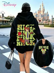 Disney Nick Wilde Retro Letter Back‑Front Printed Hoodie With "Nick Wilde Est 2016 Zootopia" Slogan. A Relaxed, Casual, And Versatile Top, Perfect For Holiday Gifting. (Women's Autumn/Winter Clothing/Elegant Women's Outfits/Patterned Hoodies/Printed Tops/Casual Outfits For Disney‑Park Daily Wear) - màu đen - Xem 1
