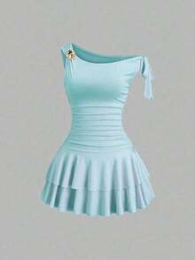 fsfvgsSweetra Vestido de moda con decoración de flor de metal, hombros y bajo fruncidossbfb s C9QO - Azul cadete - Ver 6