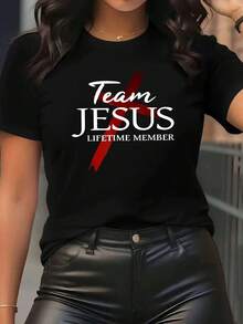 Women's TEAM JESUS Graphic Print T-Shirt, Short Sleeves And Round Neck - Casual Sporty Style, Soft And Breathable, 95% Polyester 5% Elastane 180 G, Printed Design, Fashionable And Individual, Comfortable And Casual, Full Of Vitality - 黑色 - 查看 1