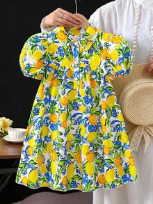 女童夏季中長洋裝，檸檬與柑橘水果印花，泡泡袖，領口設計，高對比蝴蝶結，背部鏤空細節，透氣吸濕，領口不緊繃，適合海灘、度假、野餐、戶外休閒，小女孩，限時優惠，限量供應，女童度假洋裝，兒童印花太陽洋裝 - 彩色 - 查看 4