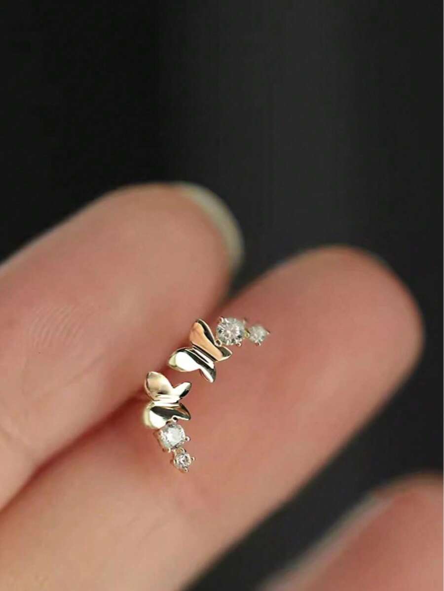 1對 925純銀蝴蝶立方氧化鋯法式極簡精緻優雅百搭迷你耳釘 女款 - 蝴蝶型 - 查看 1