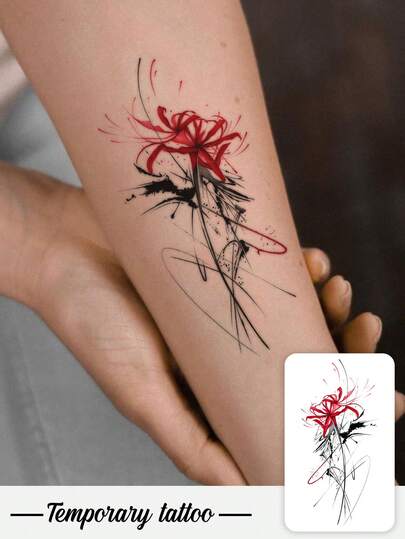 1 Tattoo Sticker, Ink Splash Style Red Spider Lily Vertical Version, High-End Atmosphere Tattoo Pattern; Temporary Tattoo Sticker, Washable PVC, Disposable, Waterproof And Sweatproof For Palms, Arms, Waist, Abdomen, Back, And Legs; Non-Reflective, Realistic Tattoo Design, Suitable For Travel, Music Festivals, Gaming, Graduation Gifts, And Daily Use; Lasts 3-5 Days.