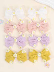 Set de 8 piezas de accesorios para el cabello de niñas con bordado floral, pinzas de pelo con margaritas lindas, pinzas de cocodrilo de poliéster minimalistas, adecuadas para atuendos de verano y uso diario casual, pinzas de pelo elegantes, accesorios de playa para adolescentes - Multicolor - Ver 1