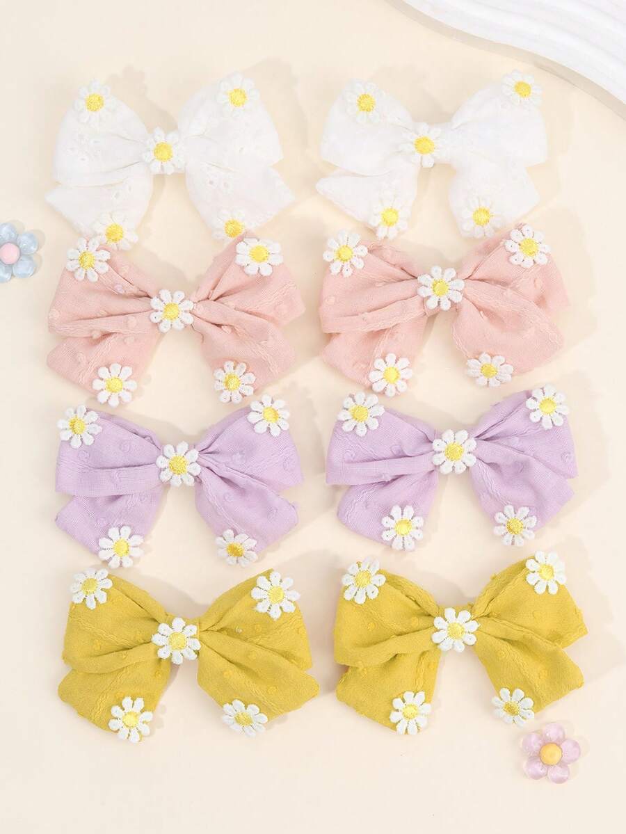 Set de 8 piezas de accesorios para el cabello de niñas con bordado floral, pinzas de pelo con margaritas lindas, pinzas de cocodrilo de poliéster minimalistas, adecuadas para atuendos de verano y uso diario casual, pinzas de pelo elegantes, accesorios de playa para adolescentes - Multicolor - Ver 1