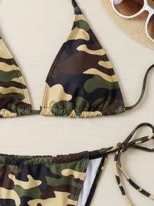 Summer Women's Sexy Vintage Camouflage Print Swimsuit Set, Suitable For Beach Vacation, Adjustable Drawstring Tie Design - Camouflage - View 4