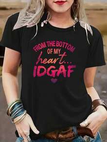 Camiseta estampada con letras, top casual de manga corta y cuello redondo  primavera y verano, ropa de - Negro - Ver 7