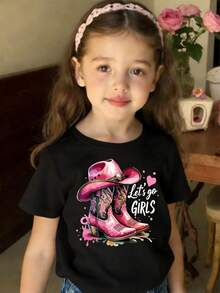 1pc Pc, ¡Llegó la camiseta estilo vaquero occidental para niñas! Camiseta de manga corta con estampado "Let's Go Girls" de Pink Boots, ropa infantil moderna, genial y dulce, de tela suave y transpirable, adecuada para el juego diario y las salidas. - Negro - Ver 1