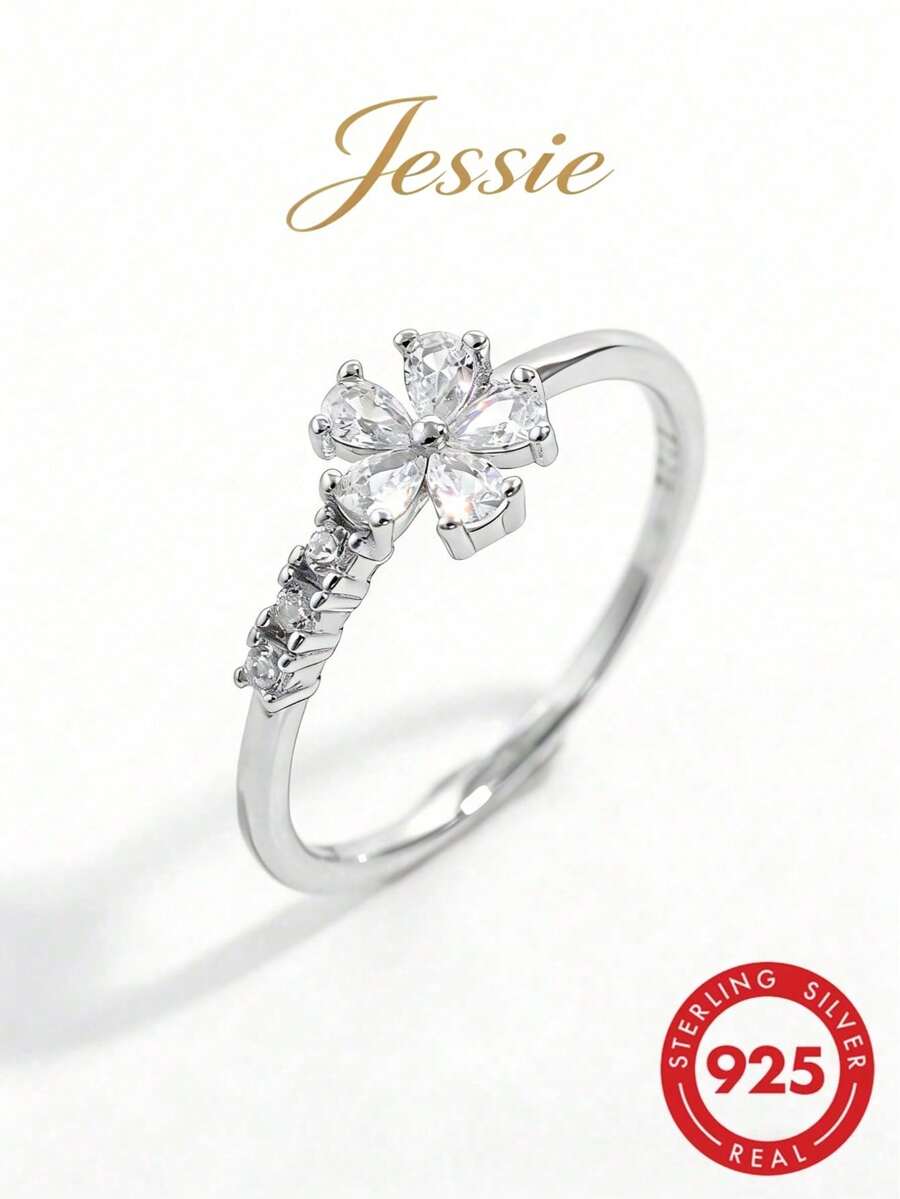 1pc Elegant Fashion Exquisite Shiny Classic 925 Silver Cubic Zirconia Flower Design Ring, Ideal Gift For Women For Date, Party, Daily Wear - Silver - View 1