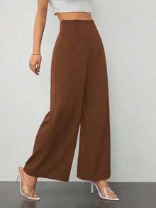 PETITE Pantalones anchos de cintura alta con textura, moda casual sencilla para la temporada de vuelta al colegio, estilo de dinero viejo para ir y venir - Marrón - Ver 3