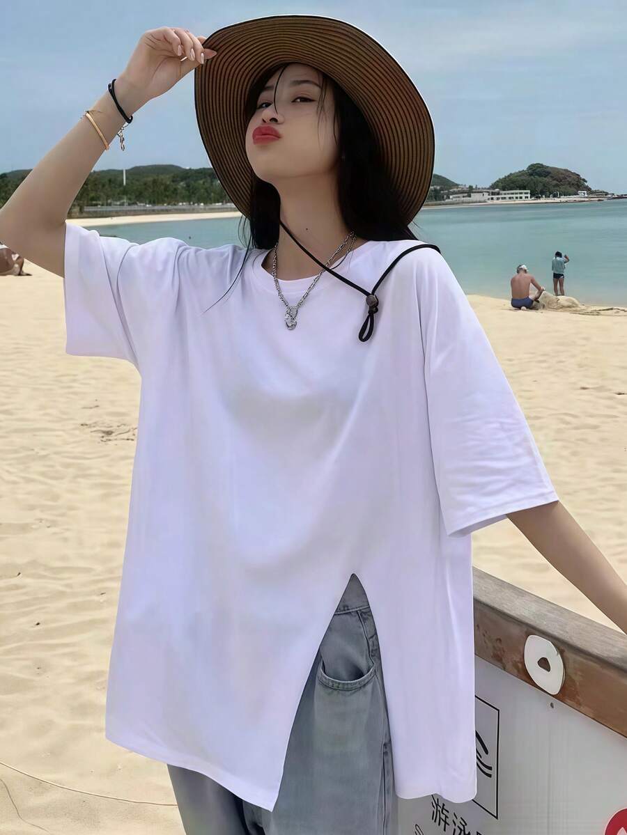 女款夏季新款寬鬆白色休閒短袖上衣 側開衩寬鬆T恤 日系風格百搭顯瘦短袖上衣 - 白色 - 查看 1