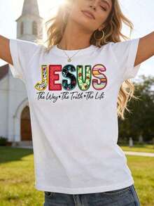 Camiseta de algodón puro con el mensaje 'Jesús es el camino, la verdad, la vida'. Camiseta casual religiosa con estampado floral blanco, cómoda y versátil para uso diario en la iglesia. - Blanco - Ver 4