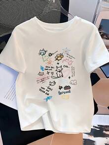 Primavera Grafica.1pac.100%Cotton.Unisex Short-Sleeved T-Shirt With Versatile Letter And Heart Print Pattern, Loose Fit, Suitable For Summer.Versatile.Classic - White - View 6