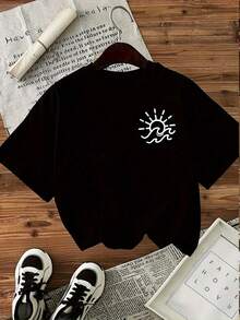Camiseta Casual de Manga Corta   con Cuello Redondo - Estampado Doble Cara de Sol y Olas con el Eslogan "La Felicidad Rueda" - Top Primavera/Verano - Lavable a Máquina, Diseño Sencillo, Tejido Opaco - Negro - Ver 3