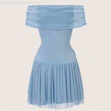 MewMuse.  Vestido elegante de mujer con hombros descubiertos, vestido de volantes, decoración con hebilla metálica en la cintura, tela brillante, forrado, adecuado para primavera/verano, uso diario, invierno, fiesta, playa, cita, graduación, vacaciones, festival de música - Azul - Ver 5