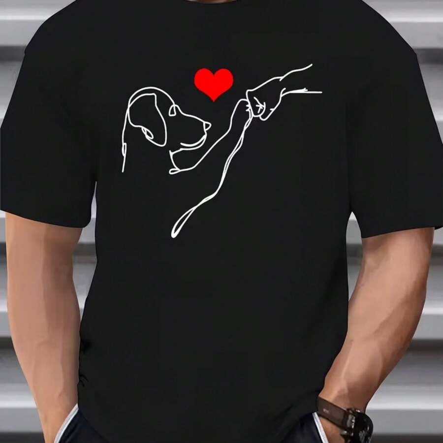 Camiseta de Manga Corta con Estampado de Amor Canino para Hombre, Cuello Redondo, Cómoda y Transpirable, Ideal para Verano, Regalo Perfecto - Negro - Ver 1