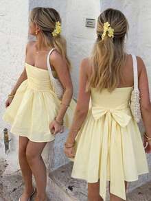 Vestido mini de línea A con tirantes de lazo francés adelgazante, hombro único y manga abullonada, nuevo estilo de moda verano 2026, adecuado para vacaciones, fiesta, playa, boda, baile de graduación, cumpleaños, vestido amarillo, vacaciones, concierto, Y2K, trayecto, cita elegante - amarillo ganso - Ver 10