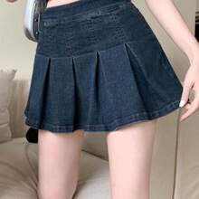 guang zhou mi qian shang mao  Minifalda de jeans con dobladillo plisado para mujer, otoño/invierno - Azul lavado oscuro - Ver 1