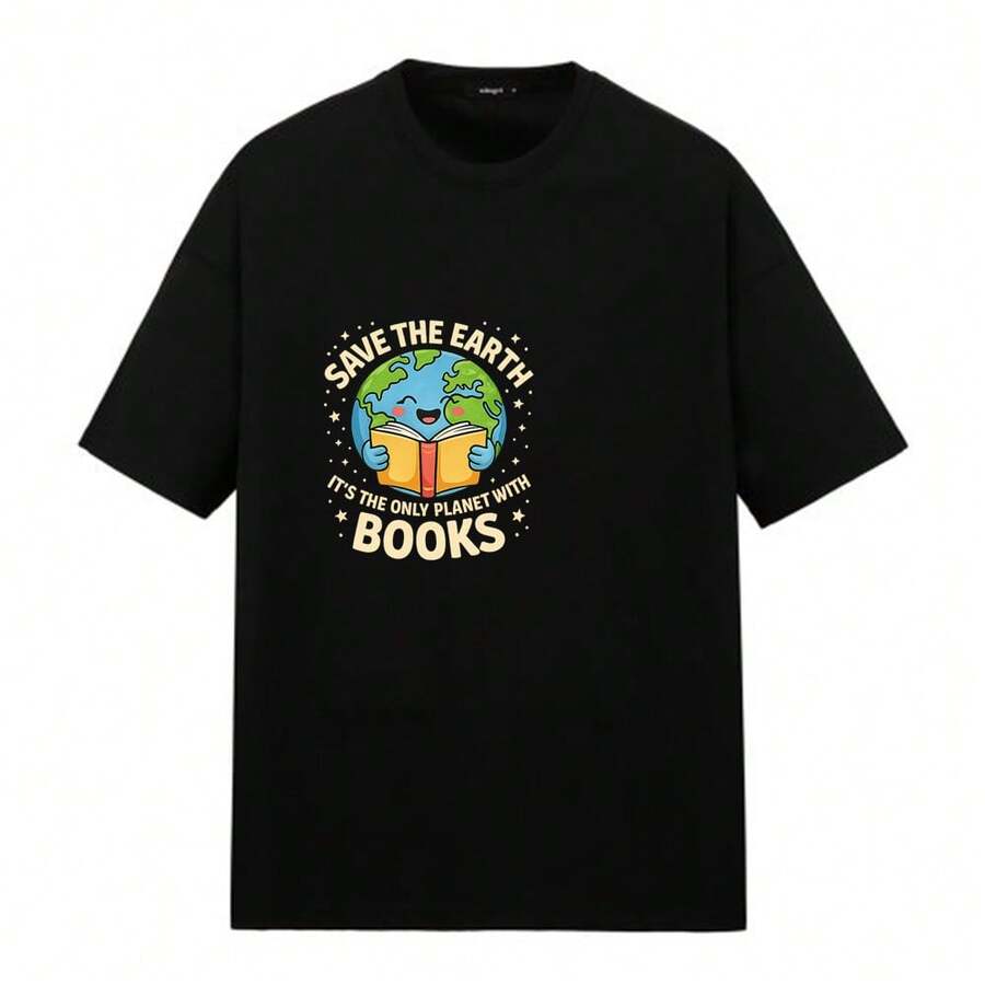 Short-Sleeved T-Shirt With A Planet Reading A Book Print, Ideal For Wearing At Home, On The Street, In The Park, At The Library, On Vacation. Regular Fit, Casual Style, Comfortable And Breathable. - 黑色 - 查看 1