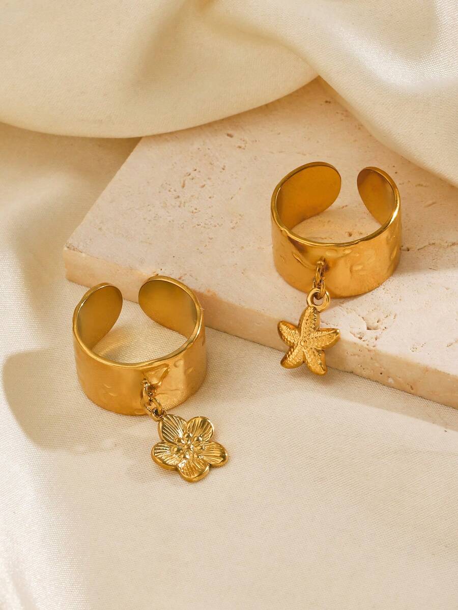 2pcs/Set Stainless Steel 18K Gold Plated Starfish & Flower Design Rings, Suitable For Daily Wear - Multicolor - View 1