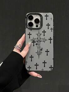 1pc Ins Style Grey Background Thorns Cross Print Shockproof Soft Phone Case, Niche Street Fashion Protective Cover, Best Gift Choice, Compatible With IPhone 17/17Pro/17ProMax/16/11/16Plus/16ProMax/16e/15ProMax/13/14/12/14ProMax/12ProMax/13ProMax/12Pro/13Pro/14Pro - Black Frame Sand Grey - View 1