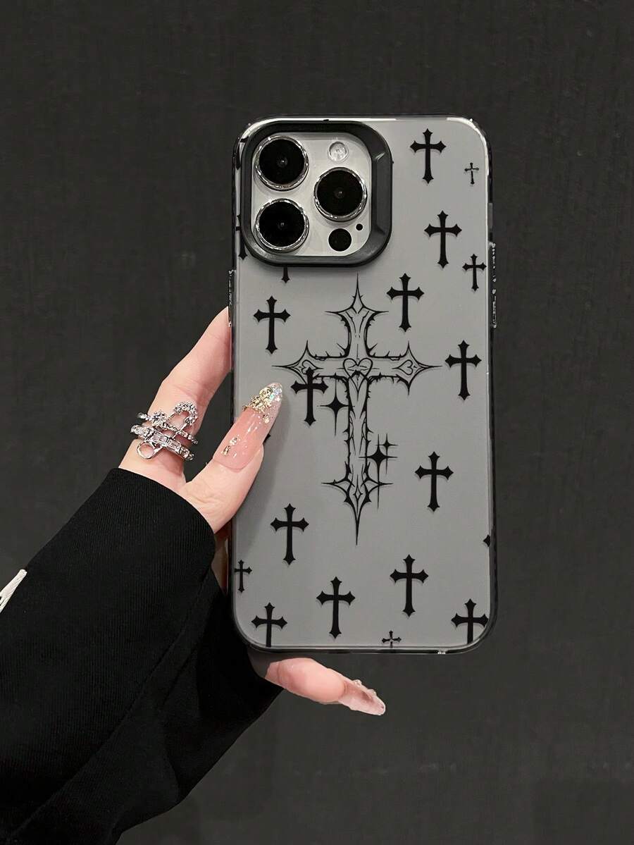 1pc Ins Style Grey Background Thorns Cross Print Shockproof Soft Phone Case, Niche Street Fashion Protective Cover, Best Gift Choice, Compatible With IPhone 17/17Pro/17ProMax/16/11/16Plus/16ProMax/16e/15ProMax/13/14/12/14ProMax/12ProMax/13ProMax/12Pro/13Pro/14Pro - Black Frame Sand Grey - View 1