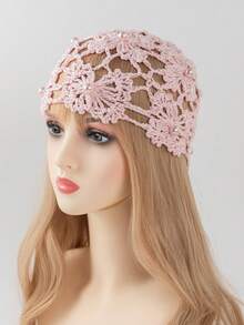 1 chiếc mũ len móc rỗng hình bướm đính ngọc trai thời trang nữ, mũ beanie nhẹ nhàng cho mùa xuân/thu, phù hợp với phong cách boho, đi biển và mặc hàng ngày. - A - Xem 14