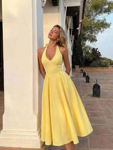 MOD Vestido de verano elegante de unicolor con escote halter y espalda descubierta para mujer - amarillo ganso - Ver 4