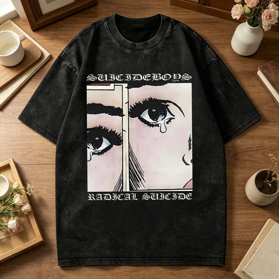 Retro Washed Suicideboy Radical Suicide Summer Tops Y2K Hip Hop Aesthetic Oversized T-Shirt - màu đen - Xem 1