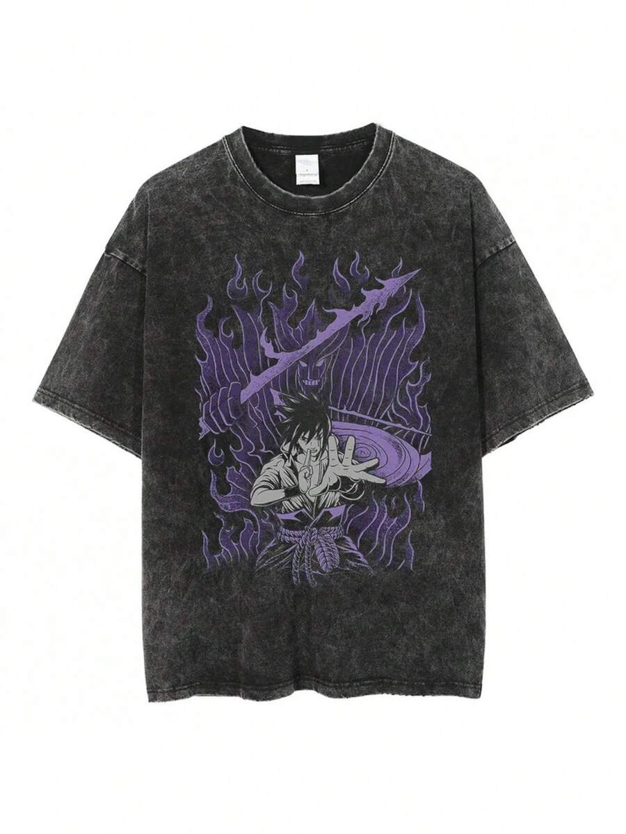 Camiseta de Algodón Estampado Anime Lavada Hip Hop Streetwear Harajuku Japonesa Cuello Redondo 6 Tallas Disponibles Tops Casuales de Manga Corta para Hombres y Mujeres Verano Y2K - Negro - Ver 1