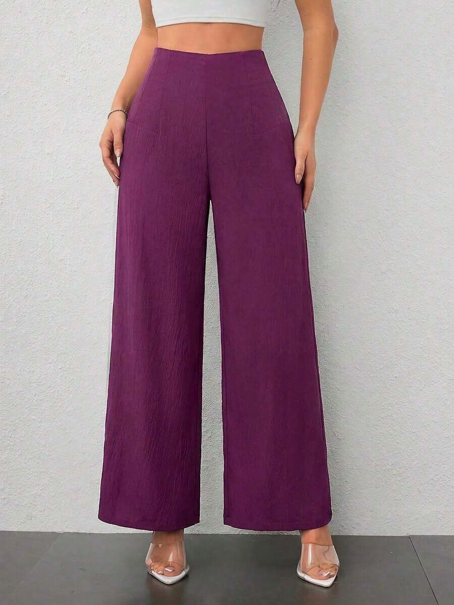PETITE Pantalones de pierna ancha de textura de cintura alta, de estilo casual y sencillo, apropiados para ir a la escuela o para ir y venir al trabajo - Rojo violeta - Ver 1