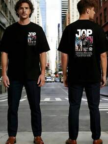 Camiseta de algodón negra con el retrato gráfico del artista de hip hop JOP, con una estética de ropa urbana, tipografía audaz de estrella de la música, diseño de estilo de moda urbana, ideal para festivales de música, eventos de conciertos, atuendos diarios casuales y ropa masculina moderna y a la moda. - Negro - Ver 2