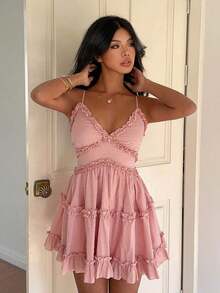Vestido elegante de algodón con tirantes finos y recortes para mujeres - Rosa - Ver 3