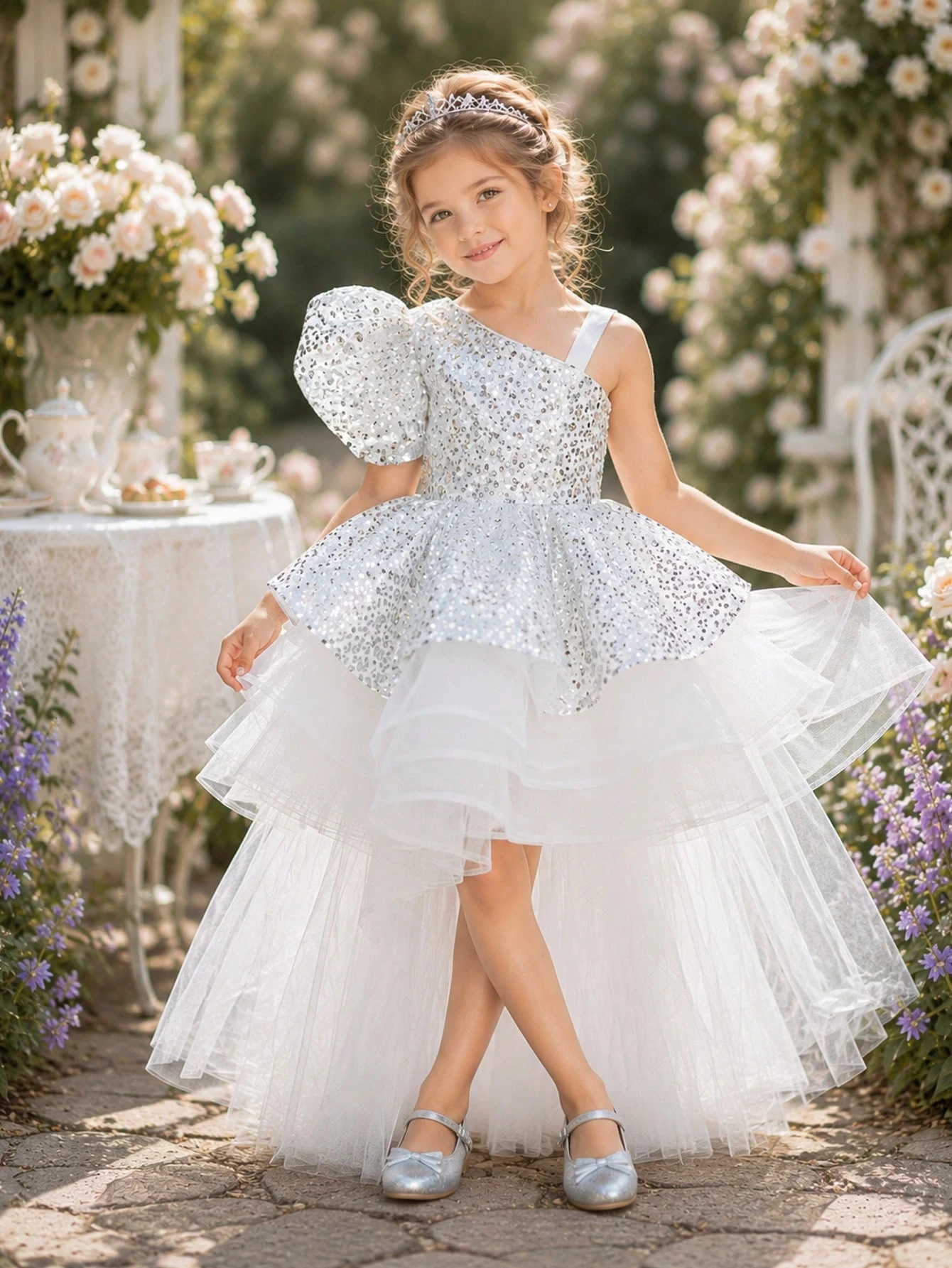Elegant Butterfly Sequin Puffy Princess Skirt For Young Girls, Suitable For