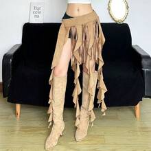 1 chiếc chân váy ngắn phong cách Western Wanderer ngách, bèo nhún tua rua cho nữ, thắt lưng niết eo cá nhân hóa tôn dáng - màu nâu - Xem 1