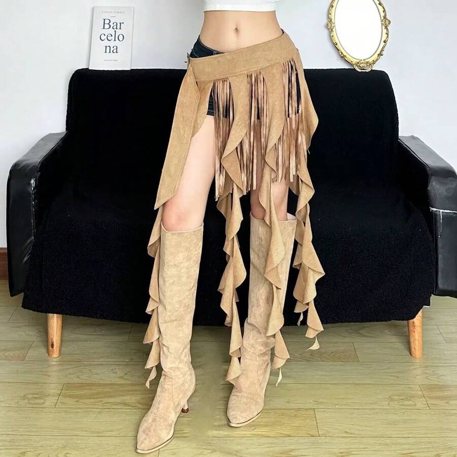 1 chiếc chân váy ngắn phong cách Western Wanderer ngách, bèo nhún tua rua cho nữ, thắt lưng niết eo cá nhân hóa tôn dáng - màu nâu - Xem 1