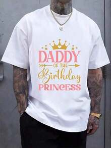 Men's Casual White Short-Sleeved T-Shirt With Round Neck And Letter Print, "Dad Of The Birthday Girl - 1st Birthday Princess Girl" - 白色 - 查看 7