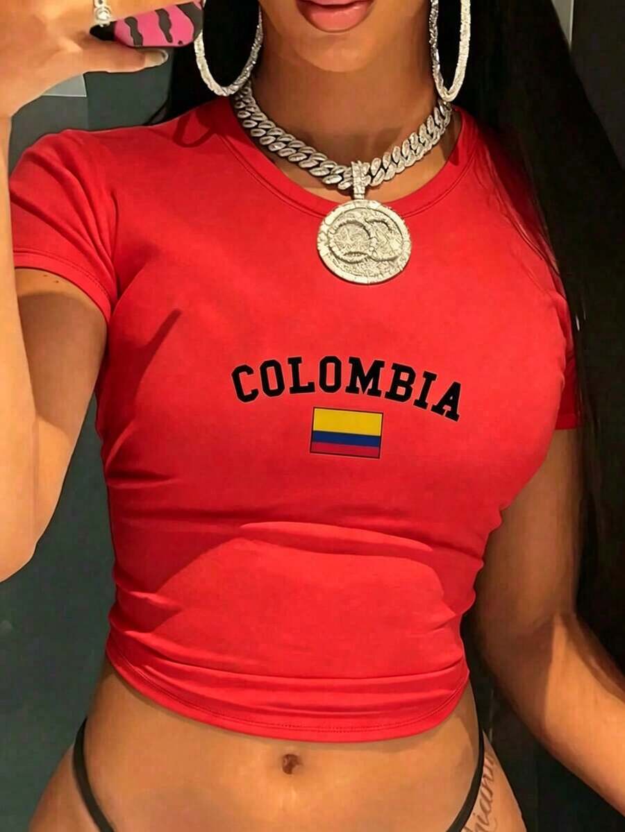 FNI Fusion Colombia Print Round Neck Top Womens ClothingWomen's Plus Size Cropped Short Sleeve Tops,Spring Outfits, Spring Break Casual Daily Wear. - 紅色 - 查看 1