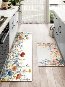 1/2pcs Rubber Kitchen Rug, Romantic Floral Anti-Fatigue Kitchen Mat, Non-Slip Washable Kitchen Mat, Comfortable Standing Mat - Multicolor - View 1