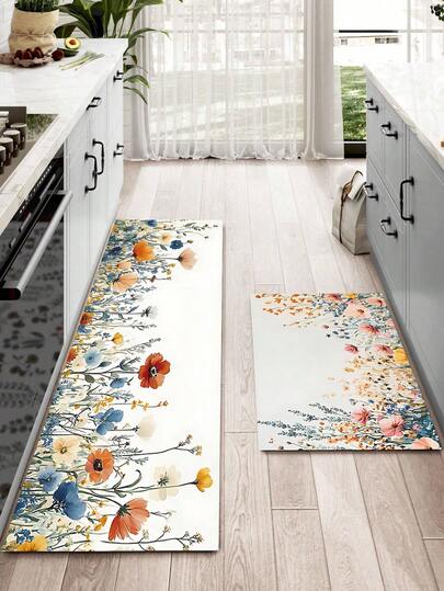 1/2pcs Rubber Kitchen Carpet, Romantic Flower Anti-Fatigue Kitchen Mat, Non-Slip Washable Kitchen Mat, Comfortable Standing Mat.