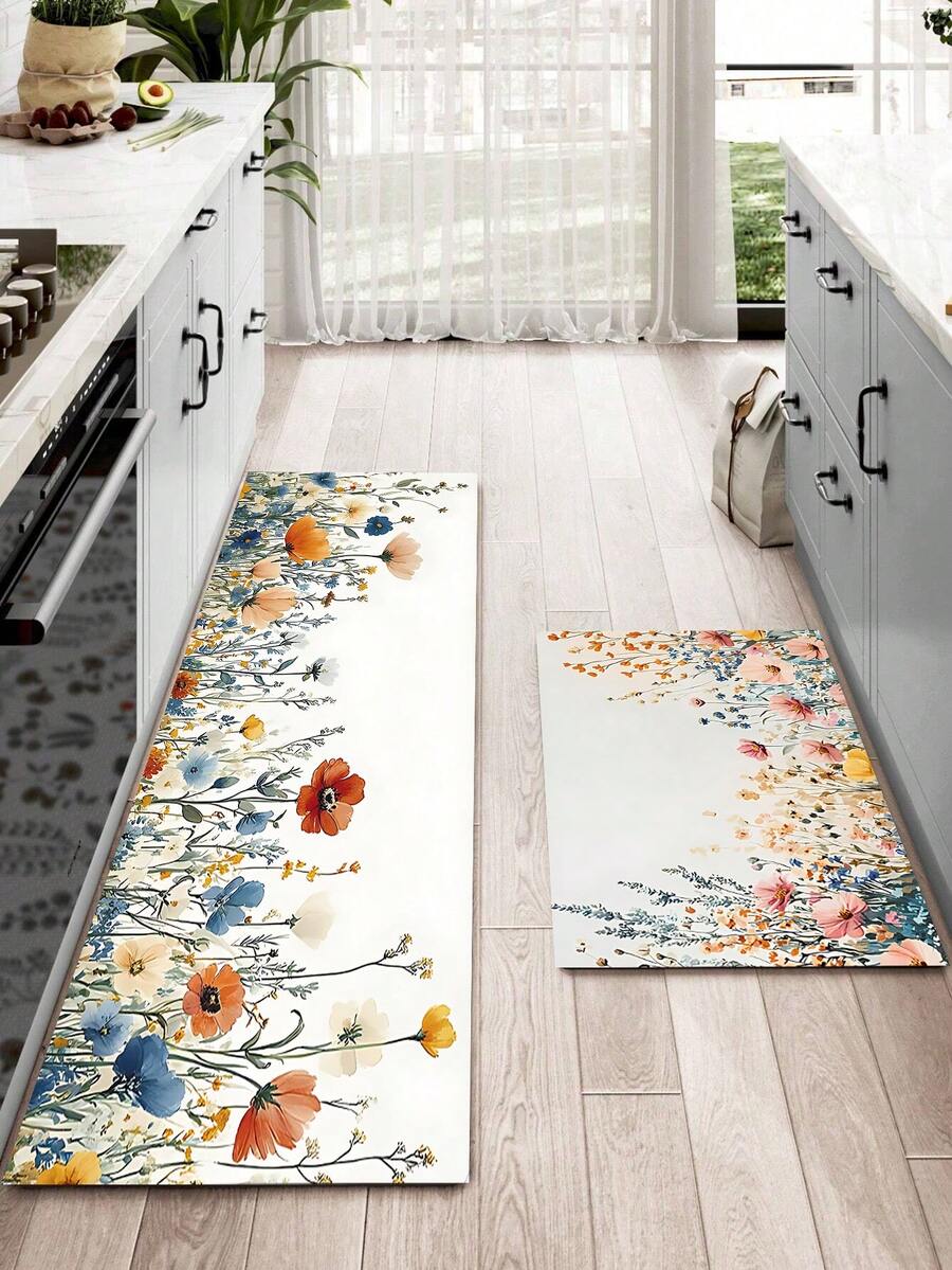 1/2pcs Rubber Kitchen Rug, Romantic Floral Anti-Fatigue Kitchen Mat, Non-Slip Washable Kitchen Mat, Comfortable Standing Mat - Multicolor - View 1