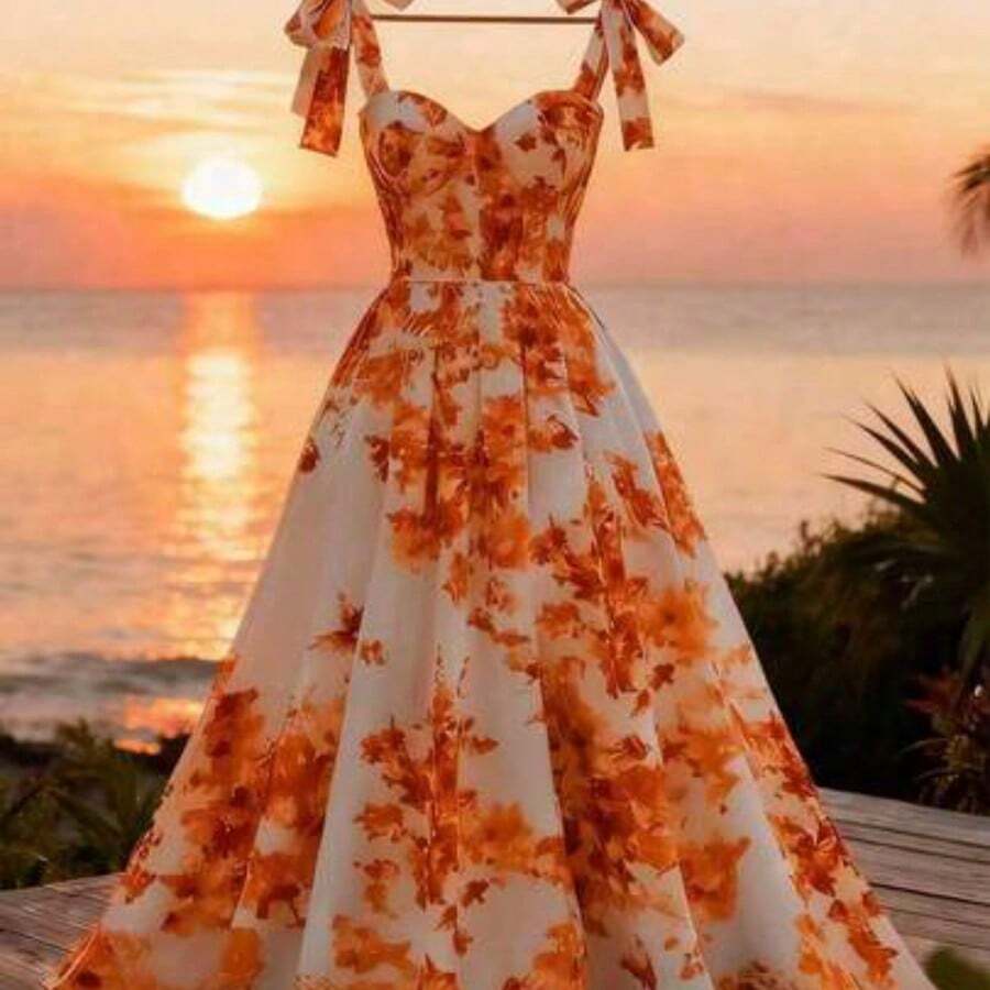 Vestido elegante con estampado floral y hombros con lazo para vacaciones - Naranja - Ver 1