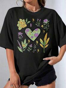 Women's White T-Shirt With Floral Heart Print, White Roses And Purple Flowers Design, Casual Summer Clothing For Women, Printed T-Shirt For Outdoor Parties, Suitable For Spring, Summer And Autumn. - 黑色 - 查看 1