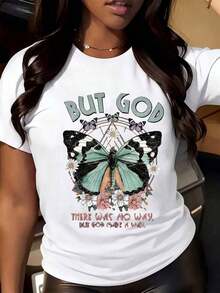 Comfortable For All-Day Wear. This Women's Casual T-Shirt Features A Round Neck, Short Sleeves, And A Butterfly And Flower Design With The Phrase "But God There Was No Way But God Made A Way," Perfect For Everyday Wear And A Touch Of Religious Inspiration. The Relaxed, Comfortable Fit Flatters All Body Types, While The High-Quality Material Is Soft To The Touch And Durable. - 黑色 - 查看 9