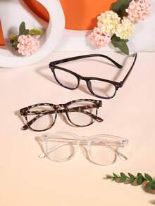 3 Pairs 7-12 Years Old Boys & Girls Classic Square Frame Fashion Glasses, Glossy Tortoise Shell Pattern Polycarbonate Frame, Transparent Clear Lenses, Lightweight & Comfortable, Academic Style, Comes With Glasses Case, Suitable For Daily School Wear - Multicolor - View 4